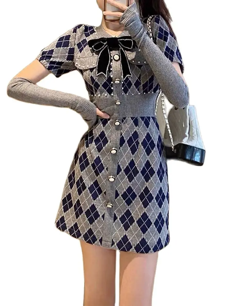 

Retro Dress 2022 Spring/Summer New Waist Thin Short Sleeve Knitted Dress With Sleeves Fashion Women's Clothing