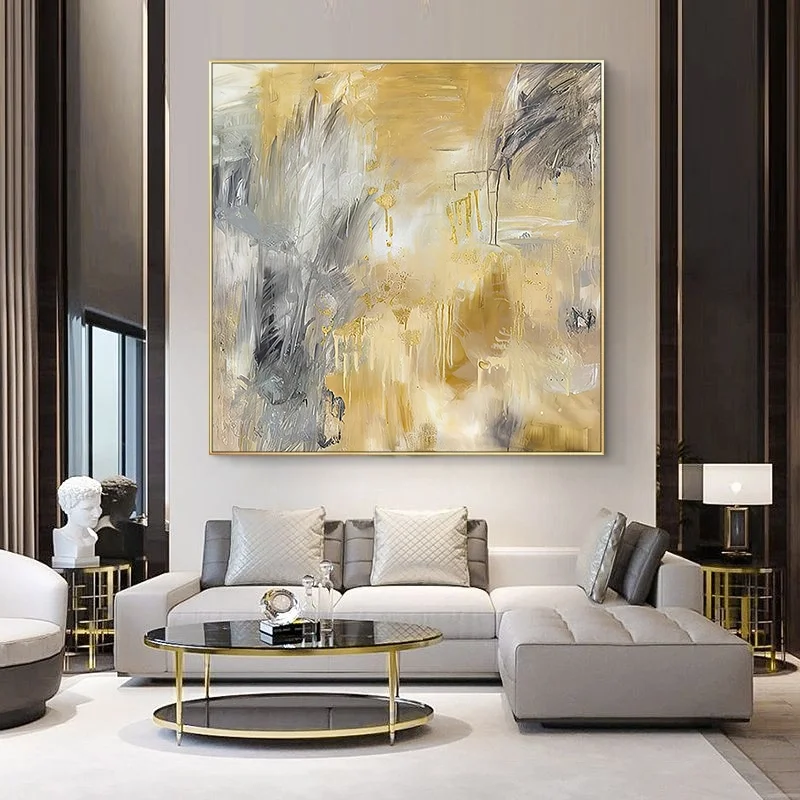 

Yellow Gray Hand Painted Abstract Oil Canvas Painting Gold Wall Art Picture For Living Room Bedroom Home Decor