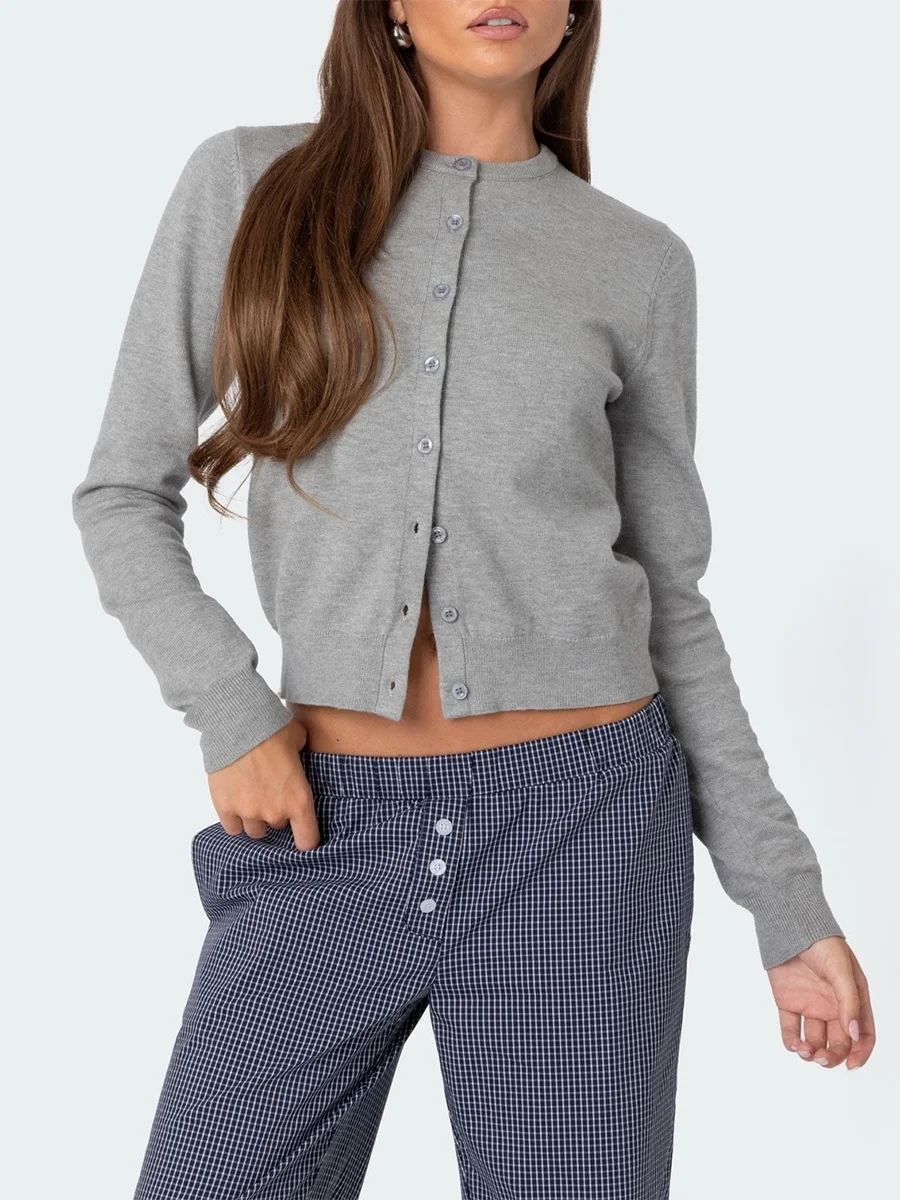 Женский трикотажный кардиган с длинным рукавом и круглым вырезом