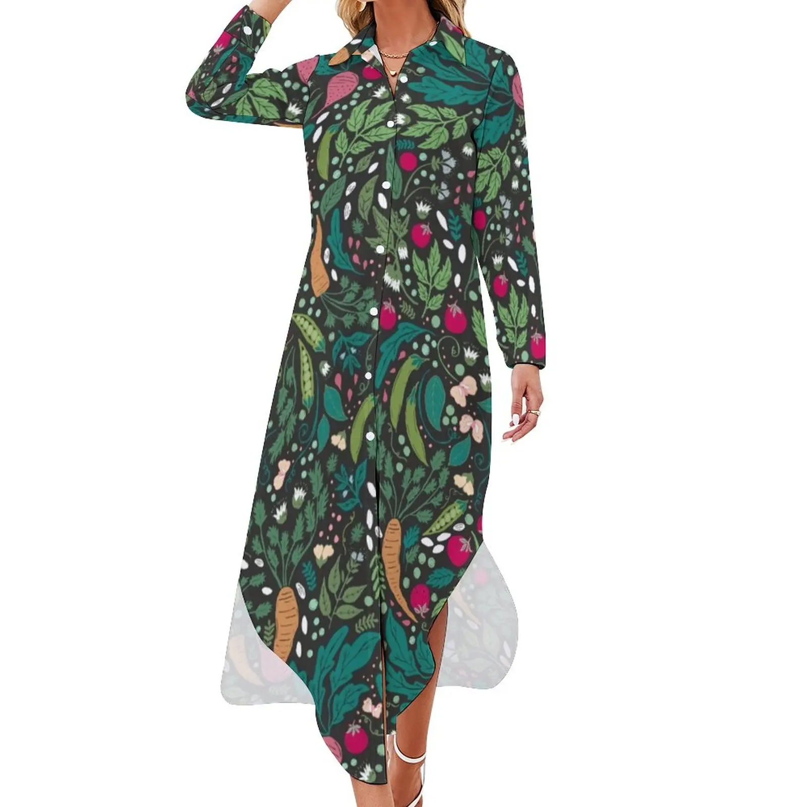 

Farm to Table Casual Dress Vegetable Print Korean Fashion Dresses Long Sleeve Beach Women V Neck Printed Oversized Chiffon Dress