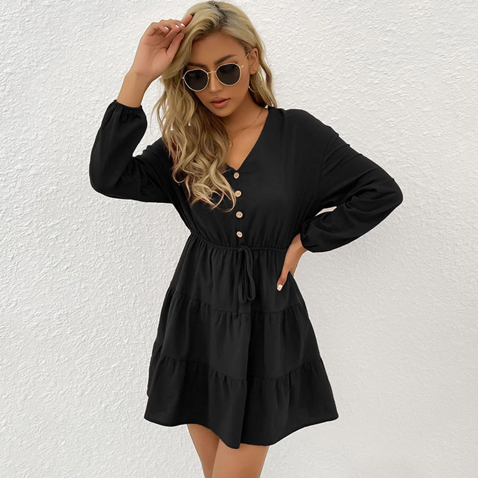 

Women Dress with Button Design Stylish V Neck Tiered Casual Dresses Long Sleeves Mini Short Dress Black or Brown
