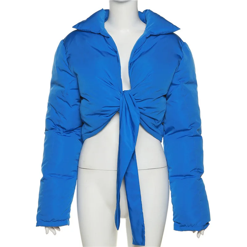 WeiYao Solid Puffer Cotton-Padded Bandage Jacket Women Harajuku Turtleneck Casual Coat Female Streetwear Autumn Winter Clothing