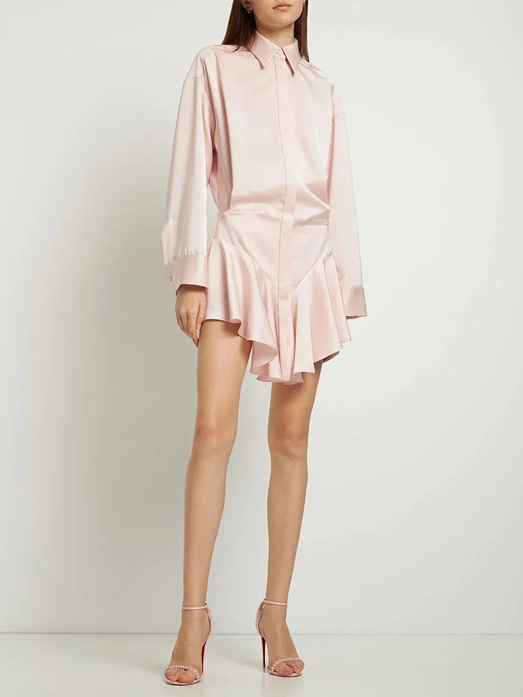 

Pink Satin Slim Mini Dress Patchwork Irregular Lotus Leaf Black Shirt Dresses Attic22 Women's Fall Fashion Streetwear