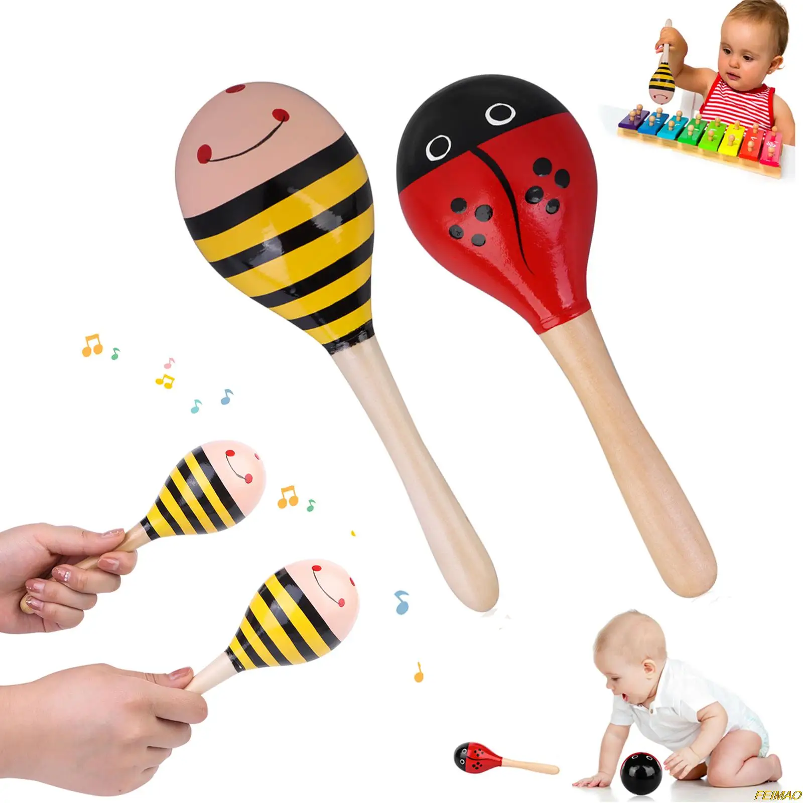 

2 PCS Maracas Wood Sand Hammer Shakers Rattles Wood Percussion Instruments