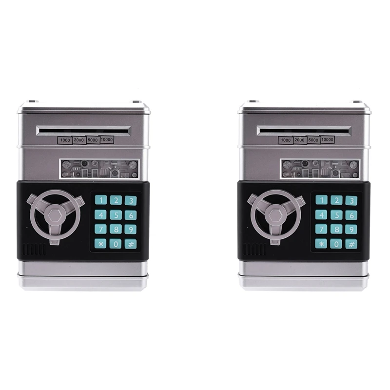 

2X Cartoon Electronic ATM Password Piggy Bank Cash Coin Can Auto Scroll Paper Money Saving Box Gift (Silvery+Black)