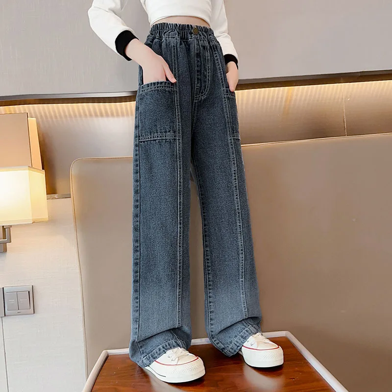 

Джинсы с широкими штанинами для девочек, прямые синие свободные универсальные брюки из денима для подростков и школьников, одежда для детей 10, 12, 13 лет, на осень