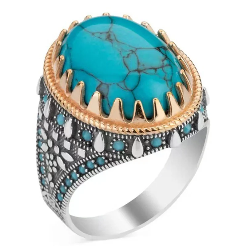 

New Retro Men's Electroplating Two-color Inlaid Turquoise Ring Fashionable Temperament To Attend The Banquet High-end Ring