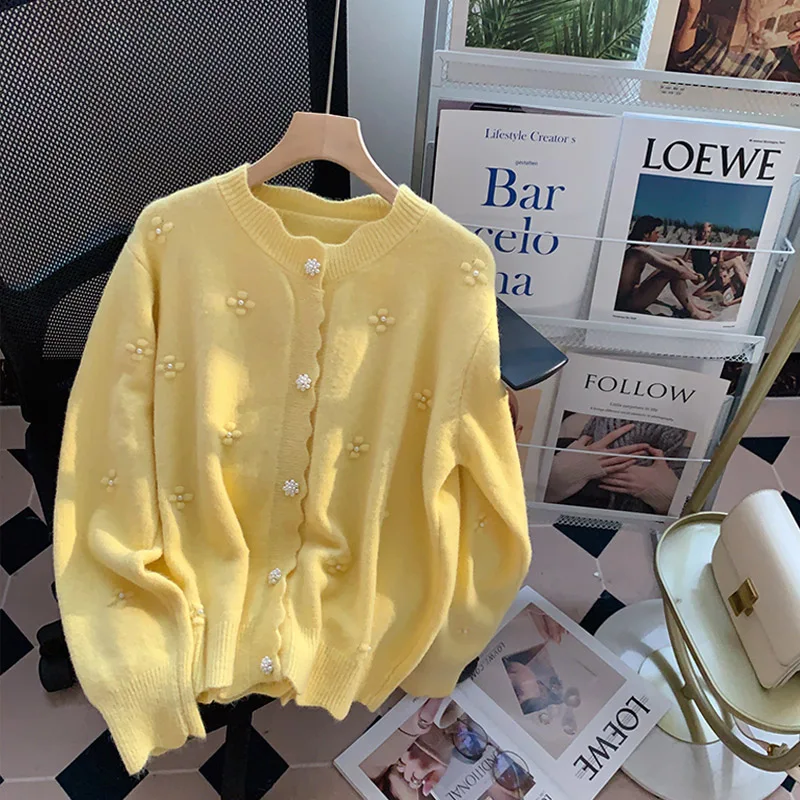 

Женский короткий свитер на пуговицах, трикотажный кардиган с длинным рукавом и круглым вырезом, с жемчужинами, Осень-зима
