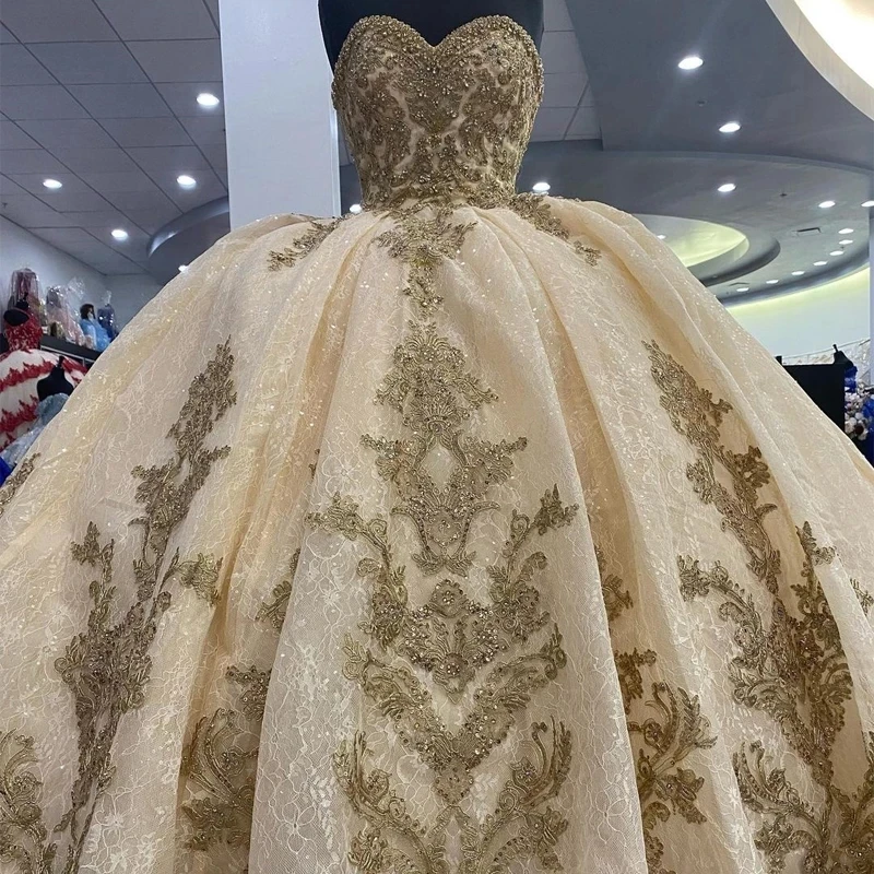 ANGELSBRIDEP Роскошные платья Quinceanera Блестящие Золотые Аппликации Vestidos De 15 лет корсет