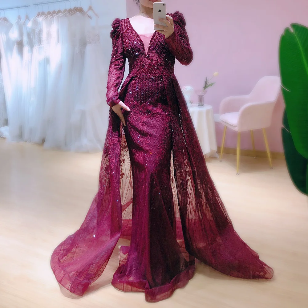 

Sharon Said Burgundy Mermaid Muslim Evening Dress Overskirt Beaded Dubai Formal Dresses for Women Wedding Party Plus Size SS047