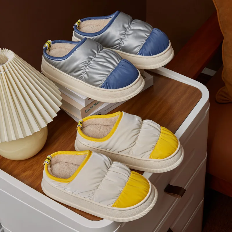 

Хлопковые тапочки для женщин, зимние плюшевые домашние тапочки на платформе для пар, домашние Нескользящие и водонепроницаемые мужские Тап...