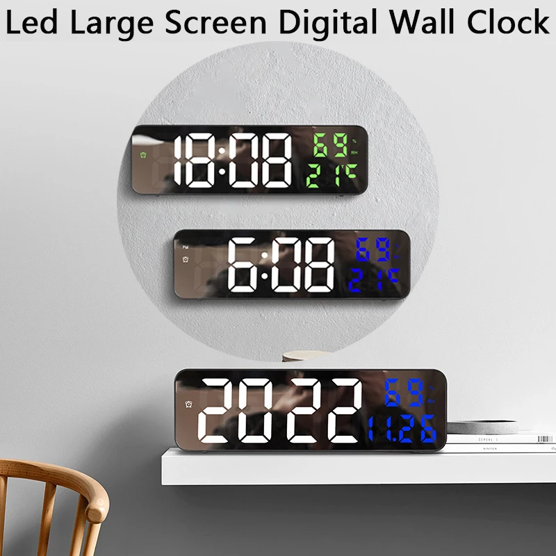 

1pc Led Large Screen Digital Mirror Wall Clock Adjustable Brightness Temp Humidity Date Display Alarm Clocks Home Decoration