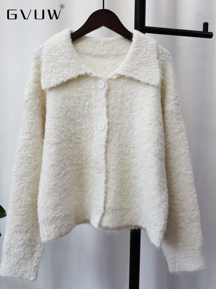 

GVUW Elegant Knitted Sweater Coat For Women 2023 Autumn New Korean Version Loose Lapel Fashion Versatile Solid Cardigan 17G2306