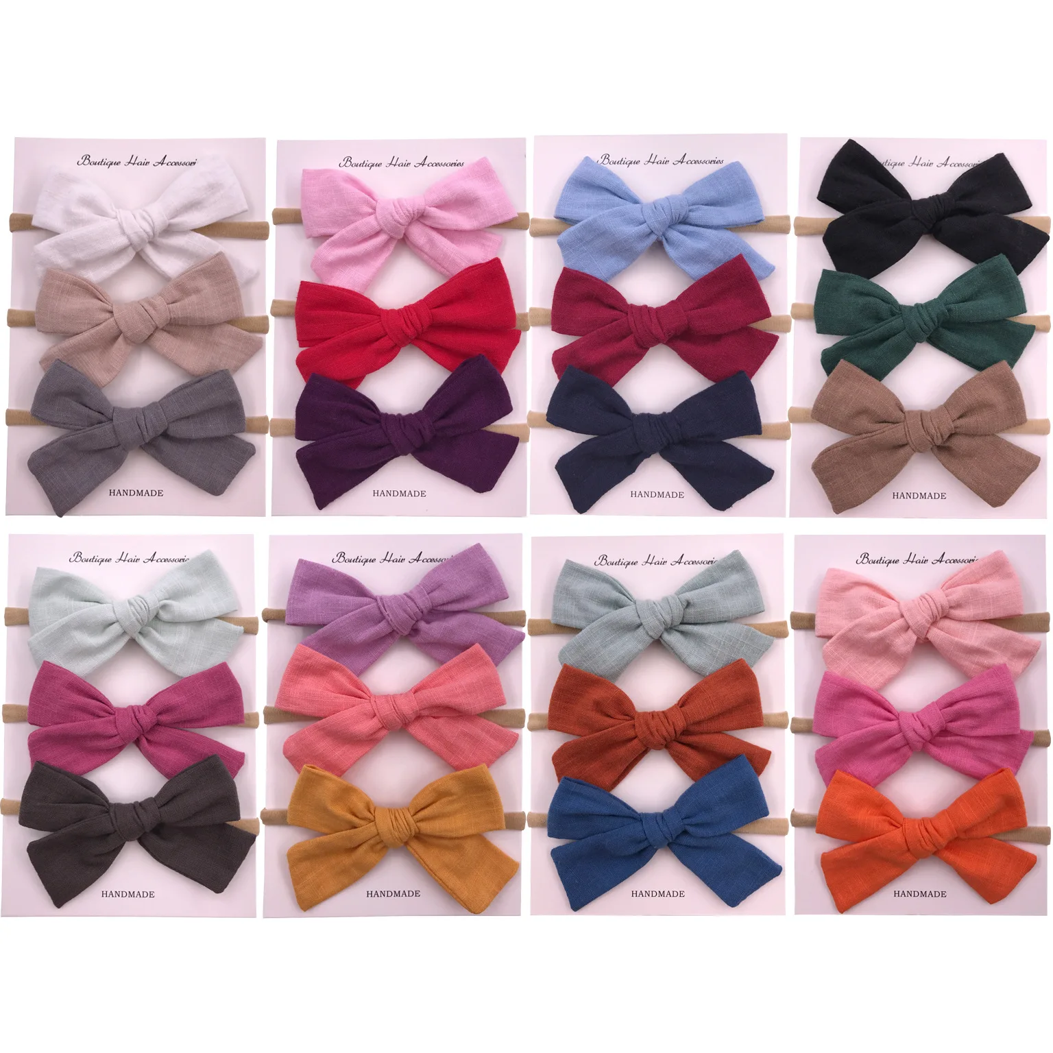 

3 PCS/Set, 4“ Cotton Linen Bow Baby Headbands Kids Girls Hand Tied Fabric Bow Nylon Headwear Baby Hair Accessories