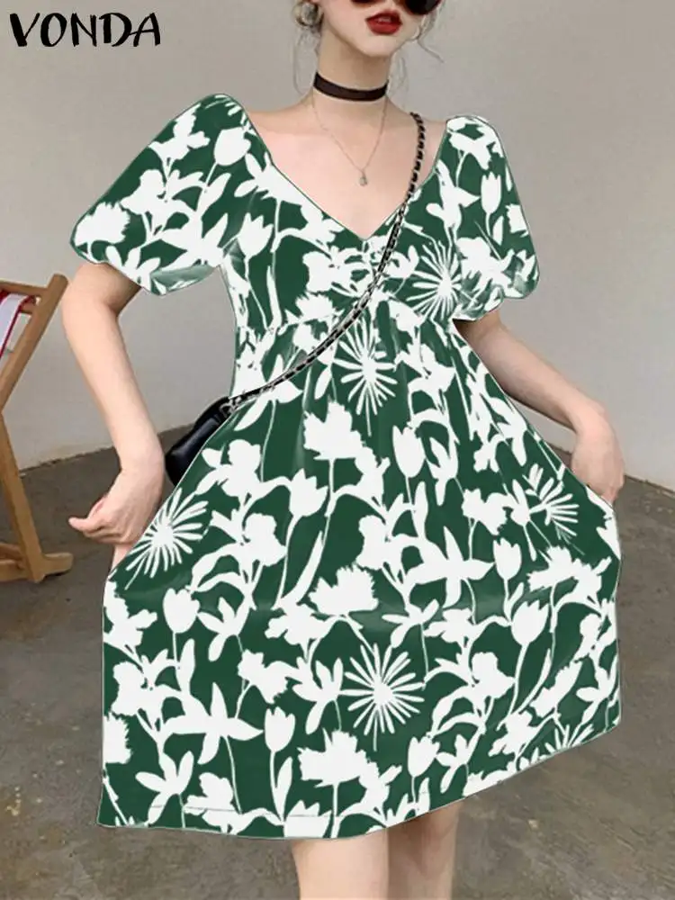 

2023 VONDA Women Bohemian Summer Mini Dress Printed Short Puff Sleeve Sundress Loose Sexy V-Neck Casual Loose Beach Vestido Robe
