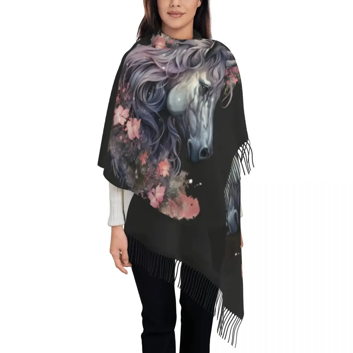 Женский шарф с кисточкой зимний теплый мягкий цветочным принтом