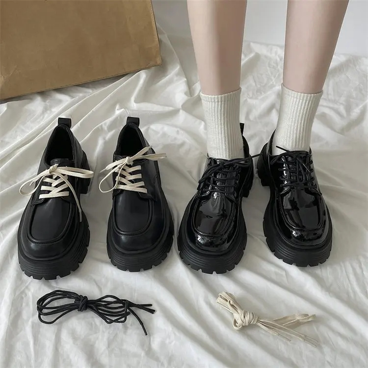

Женские туфли-оксфорды на платформе, черные кожаные туфли на толстой подошве, с круглым носком, осень 2022