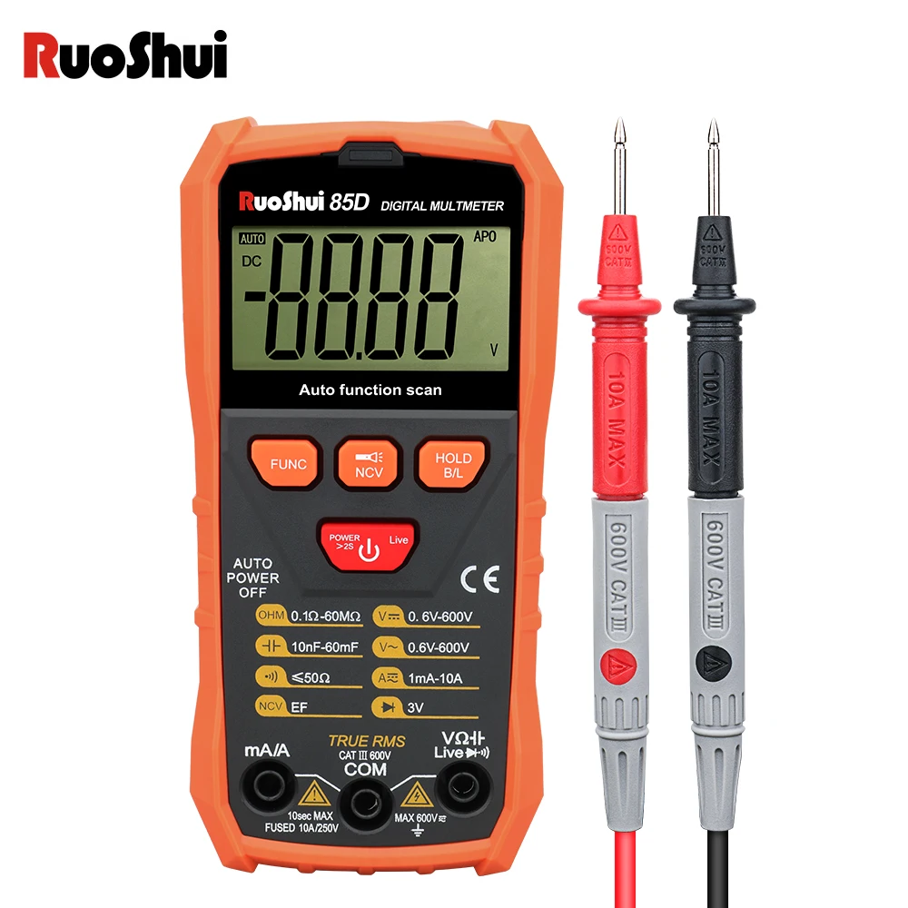 

RuoShui Digital Multimeter True RMS Auto Range 6000 Count AC DC Voltage Continuity NCV Smart Capacitance Ohm Hz Live Wire Tester