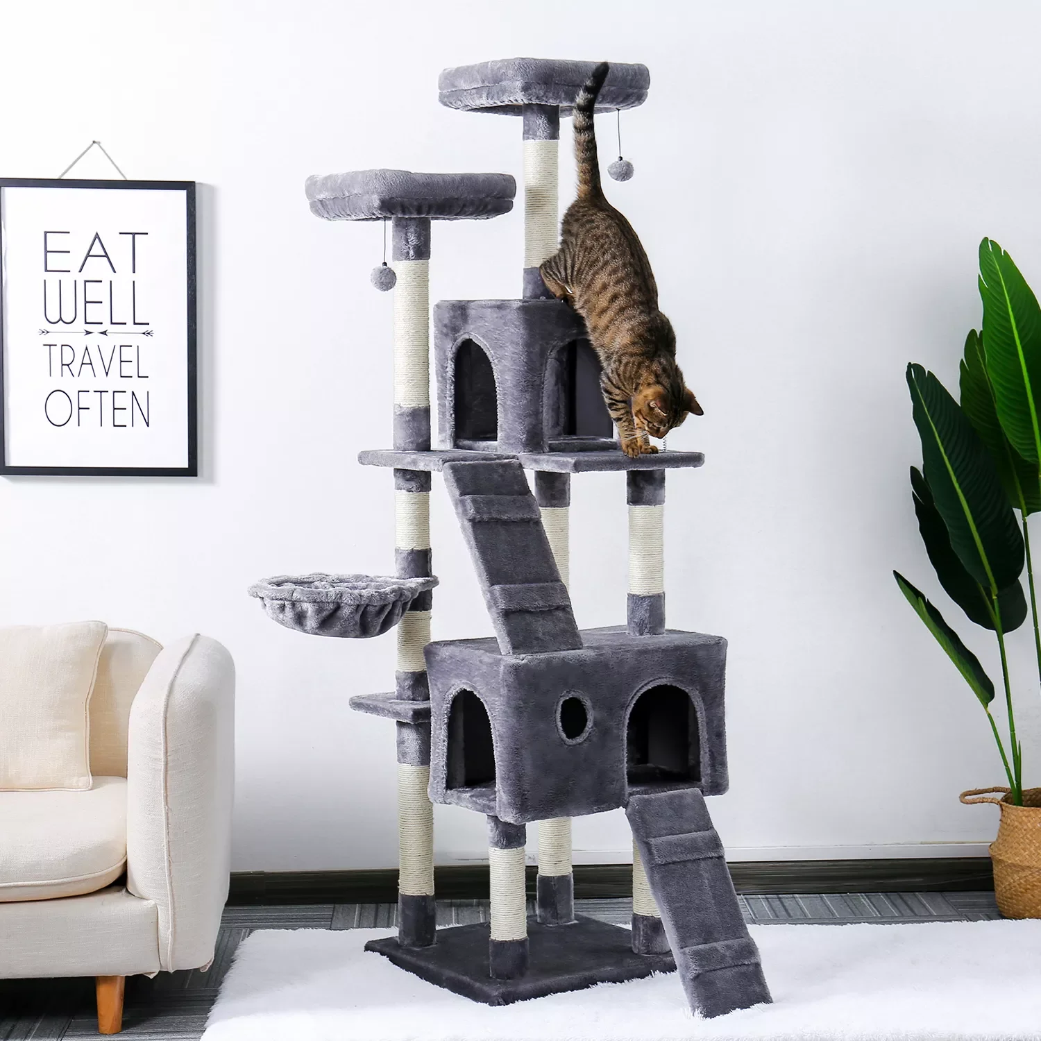 

Free Shipping 180CM Multi-Level Cat Tree For Cats With Cozy Perches Stable Cat Climbing Frame Cat Scratch Board Toys Gray&Be