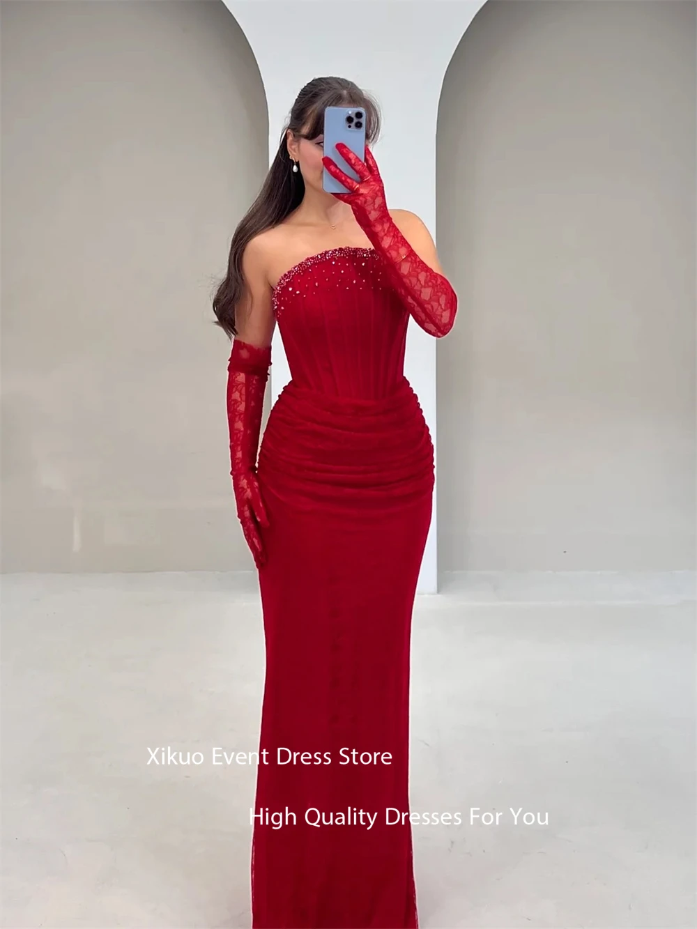 Xikuo Red Lace Evening Dresses Formal Strapless Beading Saudi Arabric Party Gowns Appliques Luxurious Robe De Soirée Customized (art.: 3920d21168fbb) - 3920d21168fbb