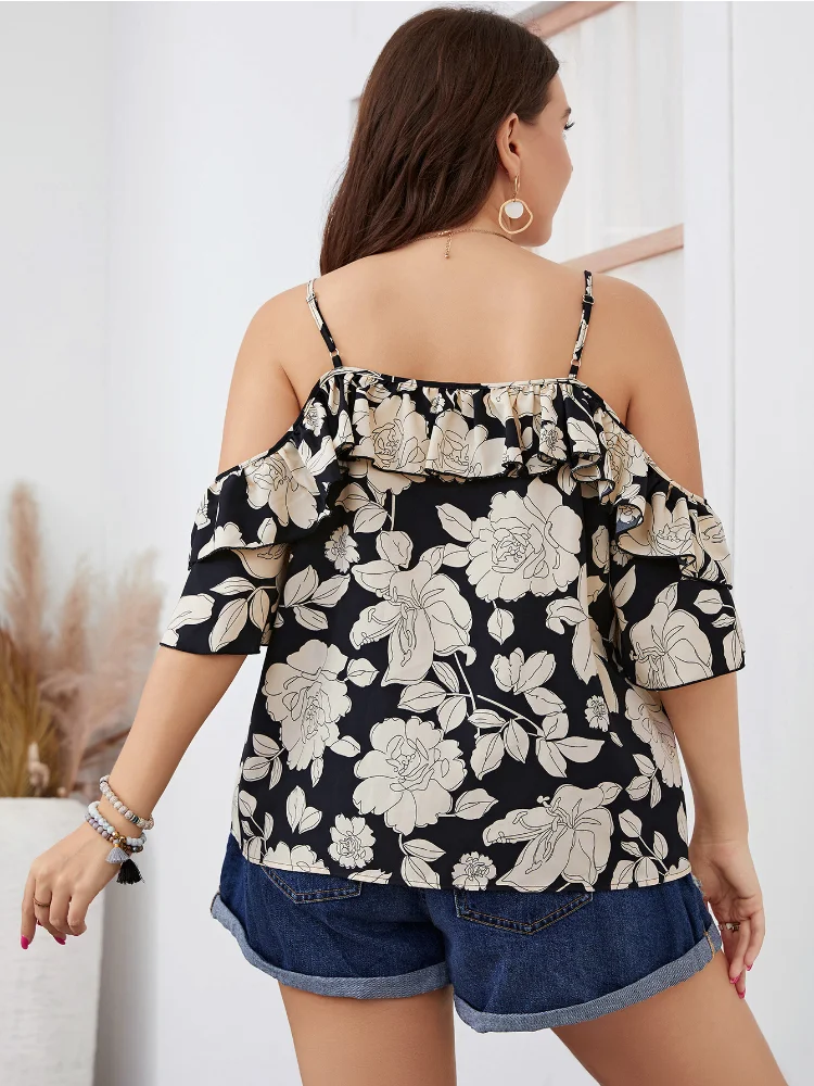 Plus-size shirt temperament, commuter collar, suspenders, fashion print, women's lapels, chiffon plus size feminino