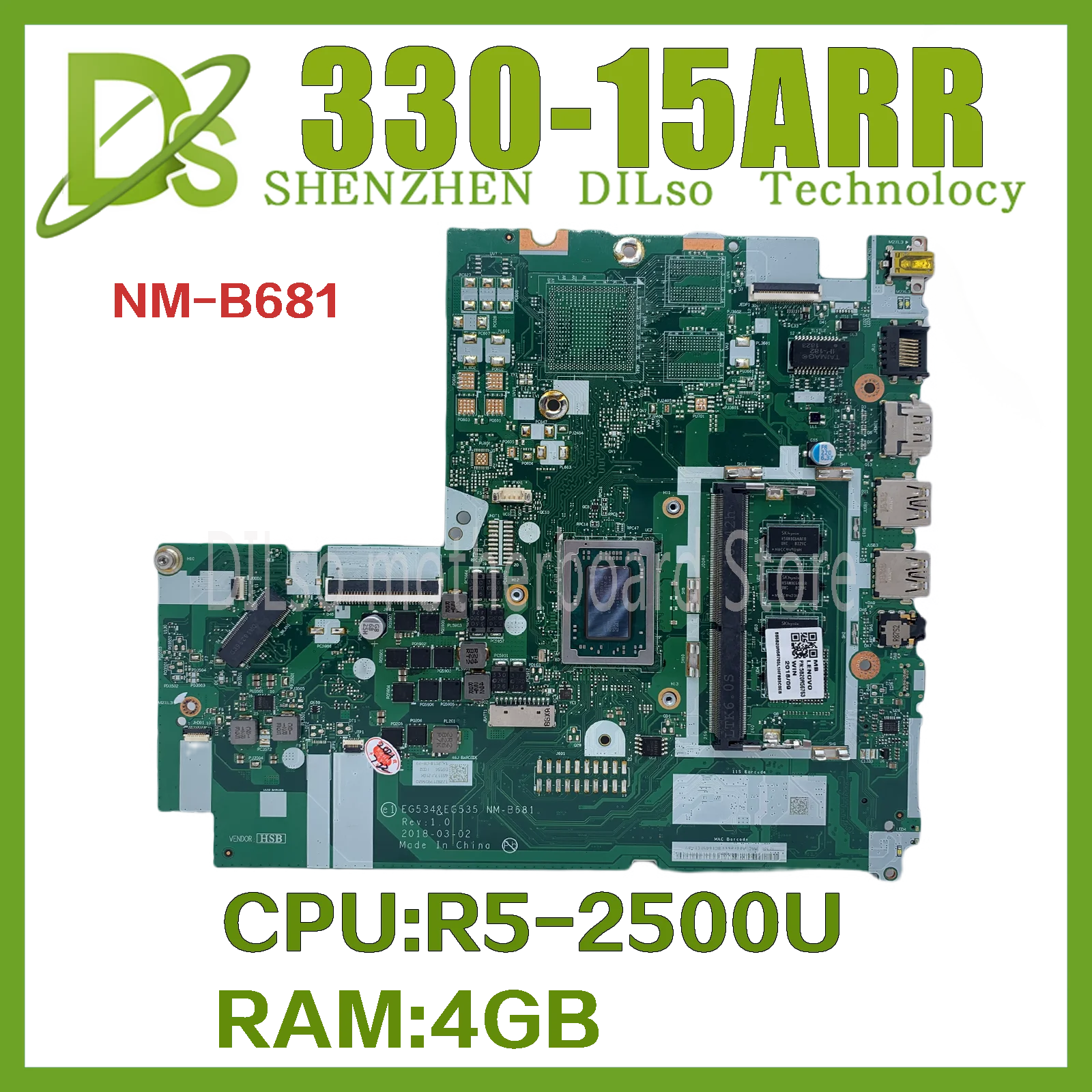 

Kefu NEW NM-B681 mainboard For lenovo Ideapad 330-15ARR Laptop Motherboard With Ryzen R5-2500 CPU 4GB-RAM 100% Working Well