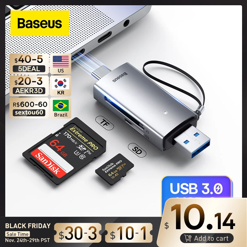 Baseus Card Reader Type C USB 3.0 to SD TF Card Reader for Laptop Accessories Smart Cardreader Anti-lost Memory Card Adapter