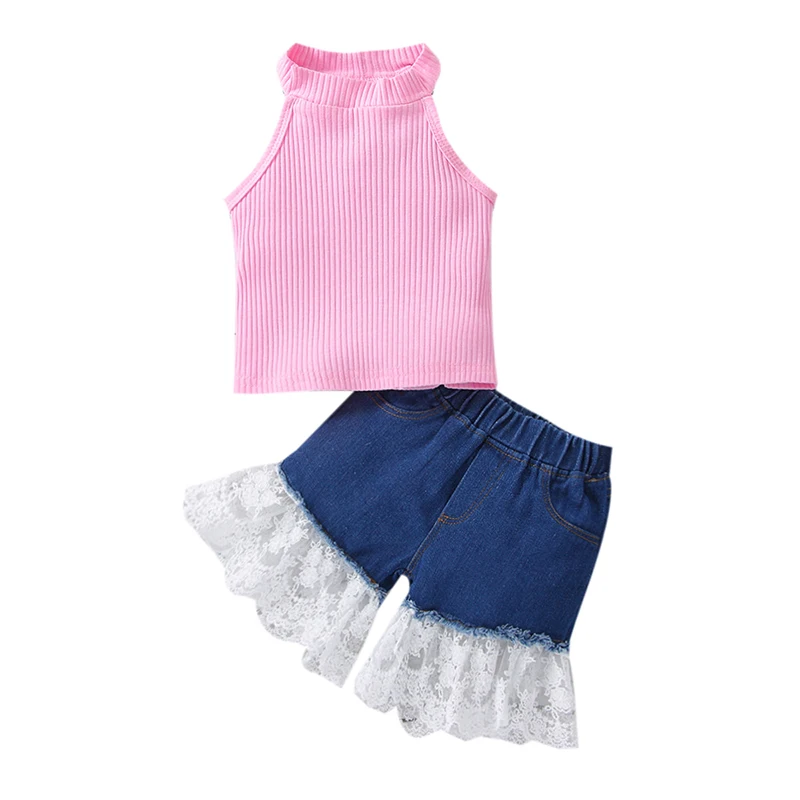 

Toddler Girls Summer 2Pcs Outfits, Sleeveless Ribbed Stand-Up Collar Tops + Lace Patchwork Denim Shorts