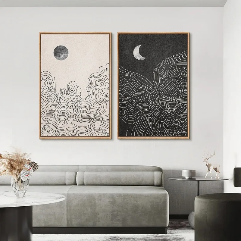 Affiche abstraite de Soleil et lune melon al Boho peinture toile d'impression art mur minimaliste moderne noir