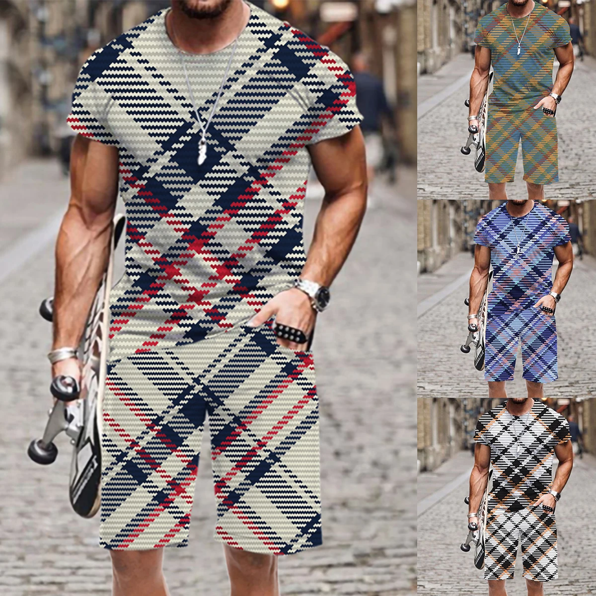 

Men's Casual Plaid Stripes Suit Short-sleeved T-Shirt Shorts 2-piece Suit 2022 Sportswear Loose Fashion 3d Printed Mens Clothes