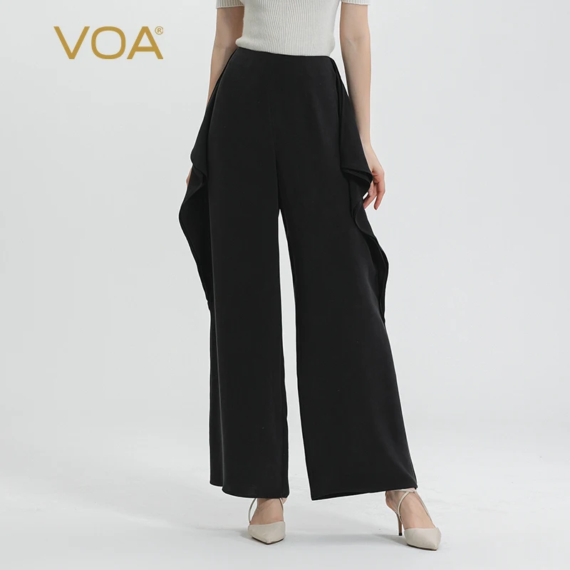 

VOA 30 Momme Heavyweight Mulberry Silk Black Natural Waist Lotus Leaf Three-dimensional Decoration Silk Straight Pants KE735