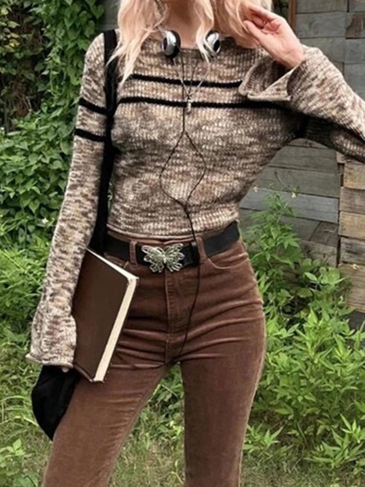

Harajuku Stripe Printing Flare Sleeve Sweater Pullovers Women Autumn Winter Brown Slim Full Sleeve Crop Tops Vintage