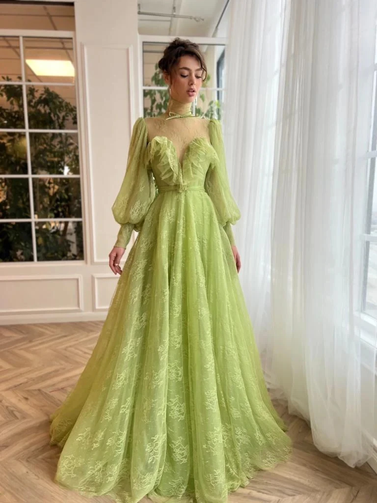 

High Neck Green Lace Long Sleeves A Line Formal Gown Custom Made Long Keyhole Back Evening Prom Dresses
