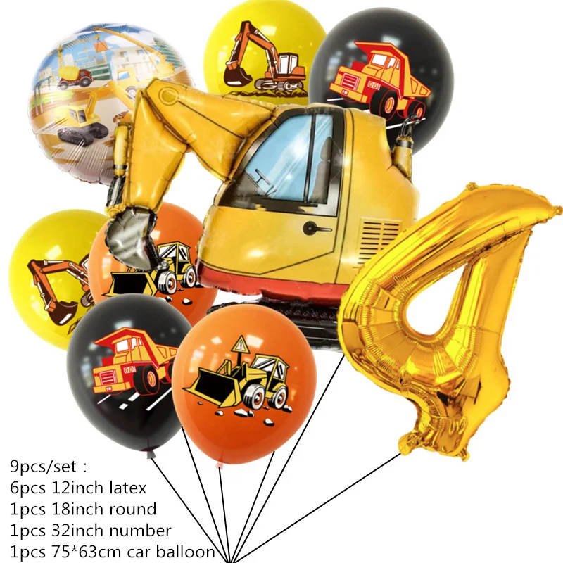 

9 шт., латексные шары для строительной машины, экскаватор, кран, воздушные шары с номером для мальчиков, украшения для дня рождения, подарки Sup