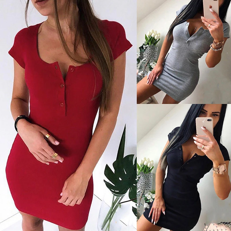 

Summer Sexy Knit Sheath Mini Dress Casual Short Sleeve O Neck Chest Button Low Cut Bodycon Dress Vestidos 2022 Women Dress