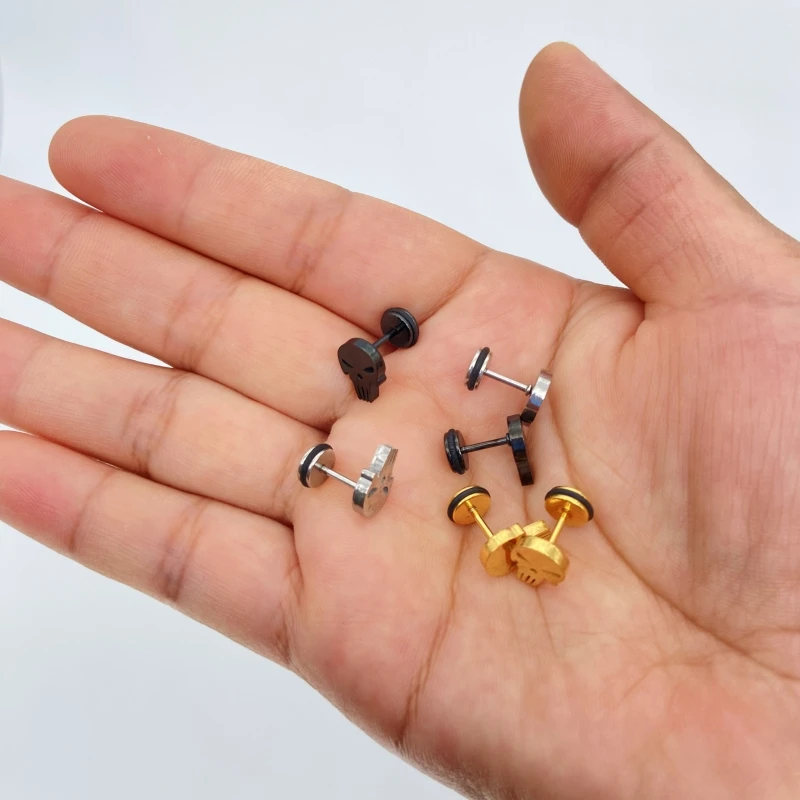 Punk 2pcs Skull Head Ear Stud Earrings Men Women Stainless Steel Screw Back Pierced Fashion Jewelry