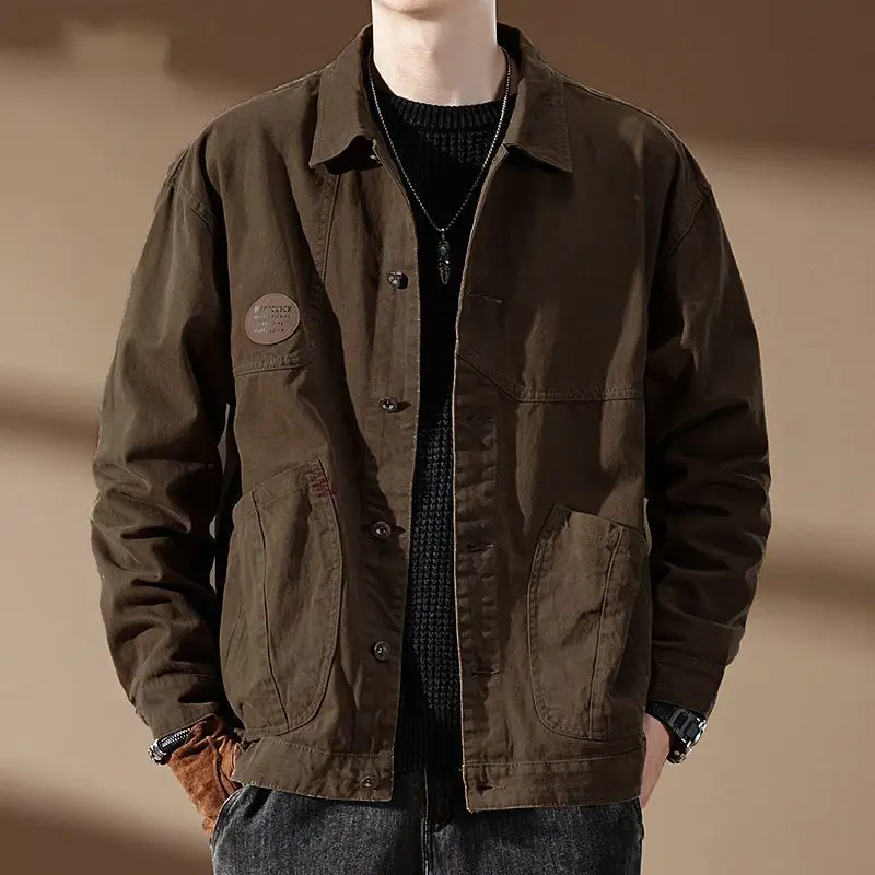 Мужская джинсовая куртка-карго коричневая Свободная куртка в ковбойском стиле