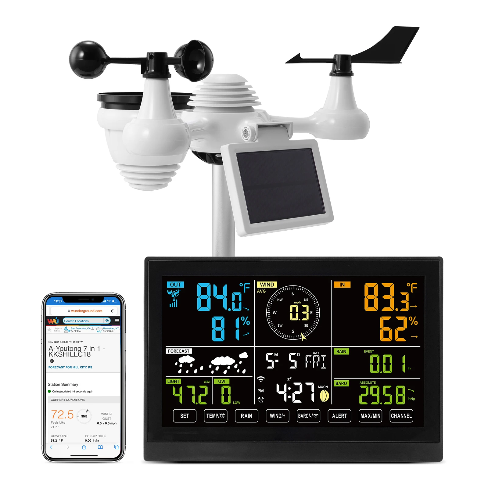 Estación meteorológica Wi‑Fi SucceBuy 7‑en‑1 con pantalla 7,5" y sensor solar exterior