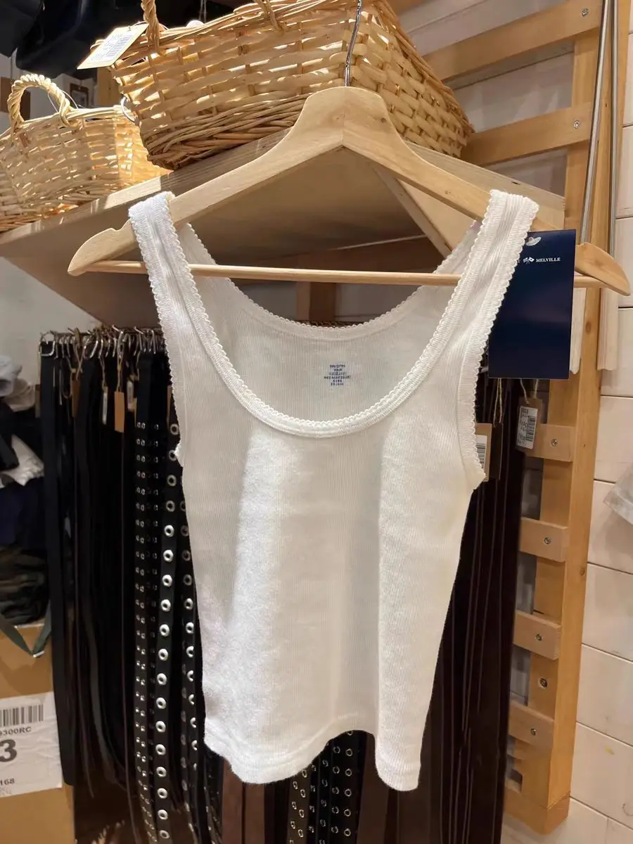 Майка женская с кружевной отделкой белый облегающий хлопковый жилет без рукавов