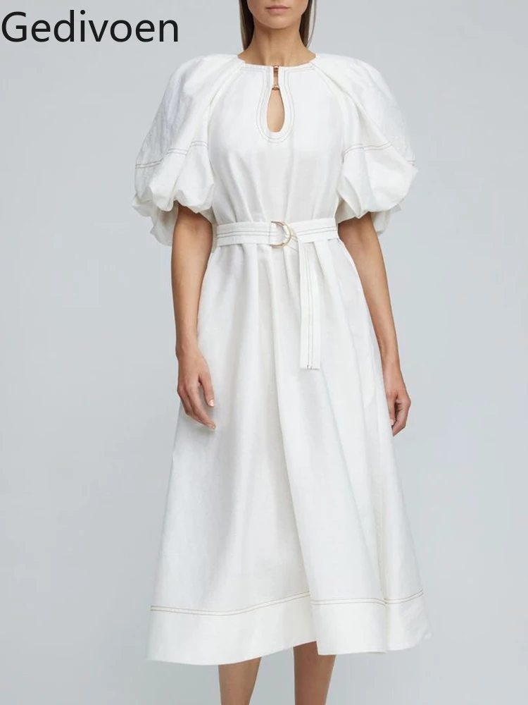 

Gedivoen High Quality Summer Women Fashion Runway Party Midi Dress Lantern Sleeve With Belt White Print Elegant Dresses Vestidos