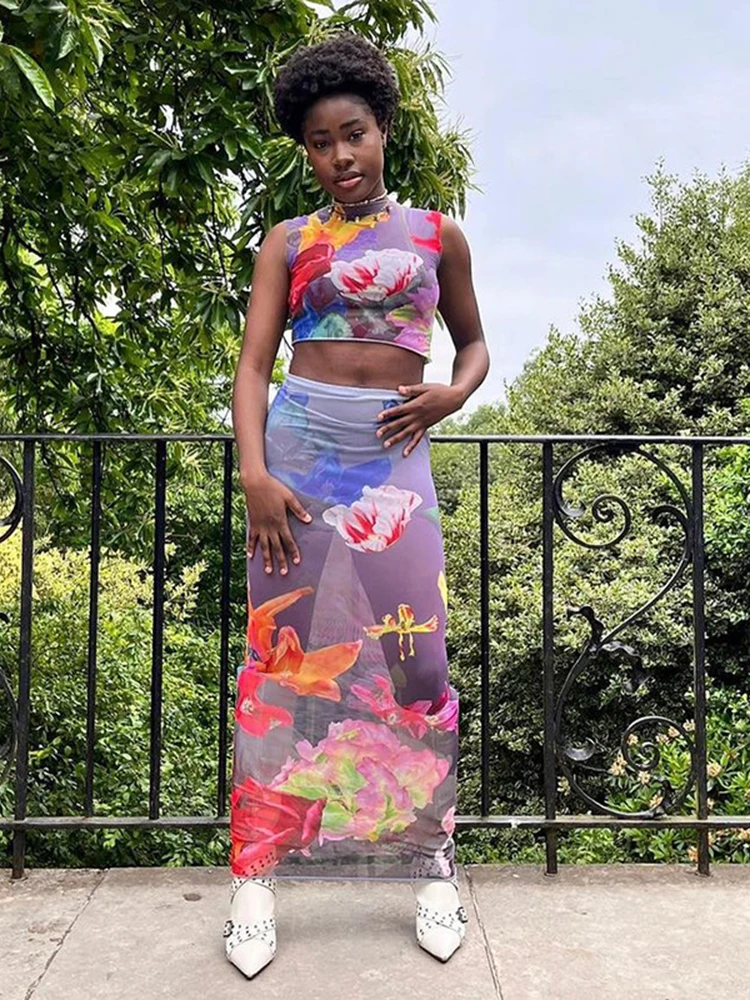 

Комплект женский прозрачный из 2 предметов, пикантный топ с винтажным цветочным принтом и юбка макси, Модный облегающий комплект странного ...