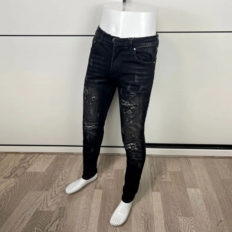 High Street Fashion Men Jeans Retro Black Gray Elastic Skinny Ripped Jeans Men Brand Patch Designer Hip Hop Stretch Pants Hombre