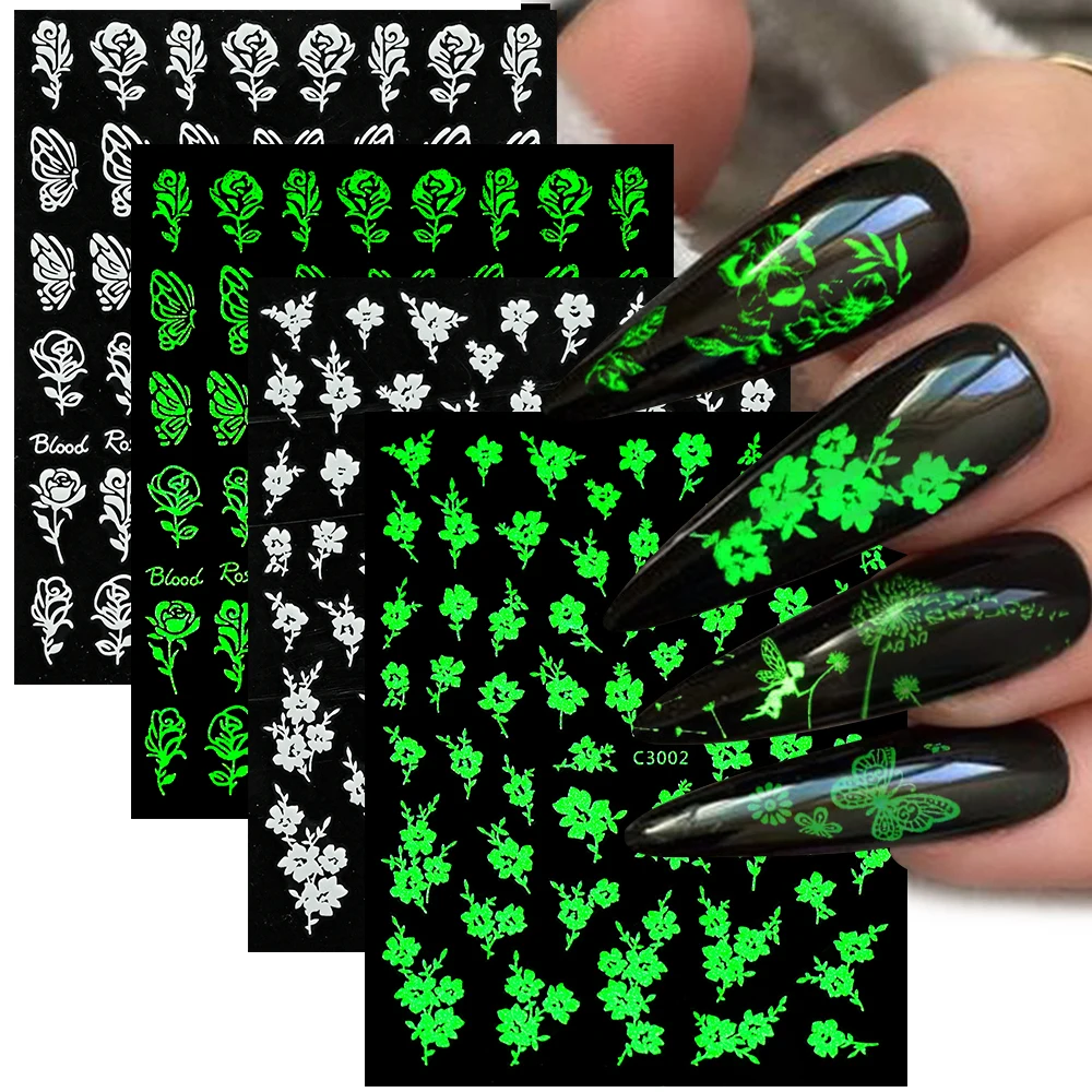 

6Pcs Luminous Effect Butterfly Leaf Flower Nail Stickers Decals Glow In The Dark Glitter Nail Art Sliders Green Manicure Decors