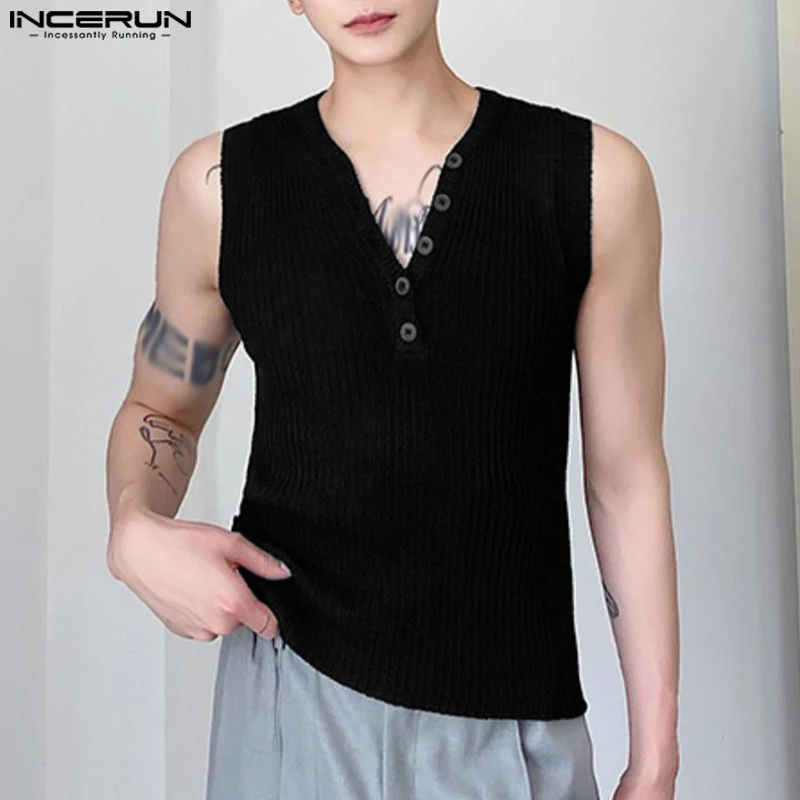 

Men Tank Tops Solid Color V Neck Sleeveless Knitted Streetwear Casual Male Vests Summer 2023 Stylish Men Clothing S-5XL INCERUN