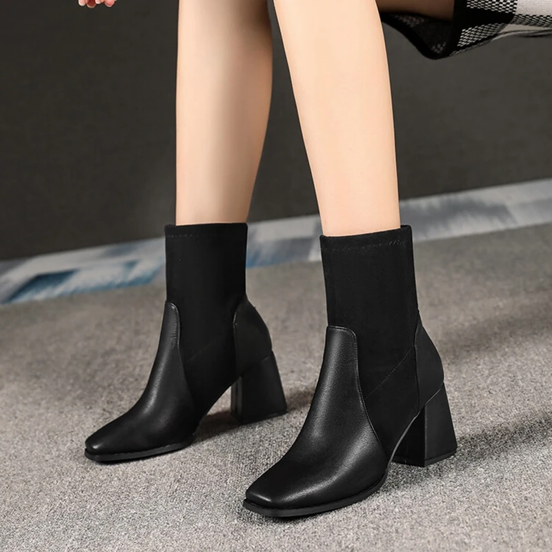 Botas De Mujer 2023 Ankle Womens Boots Plush Warm Winter Elastic Short Socks Boots Square Toe Heels Gothic Shoes