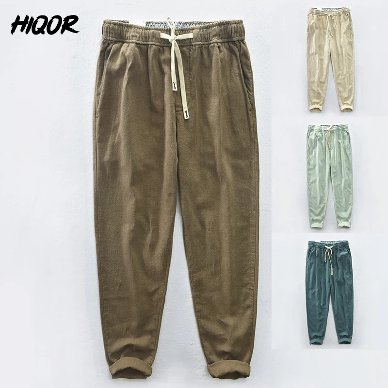 HIQOR 2022 Men's Cotton Linen Pants Male Summer Breathable Solid Color Hemp Trousers Vintage Straight Man Streetwear Size M-3XL