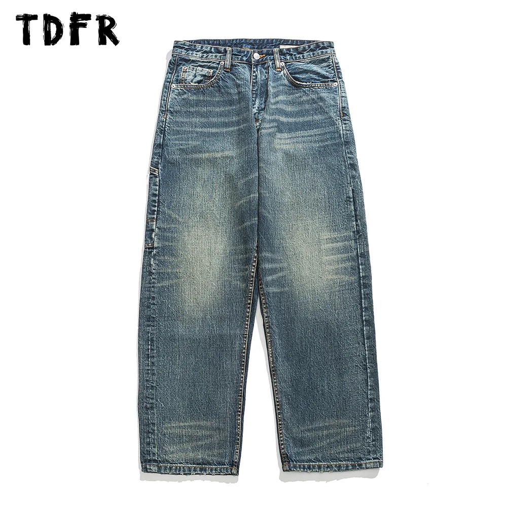 Washed Distressed Jeans Mens Autumn Winter Casual Streetwear Loose Straight Wide Leg Denim Pants Mens Trousers