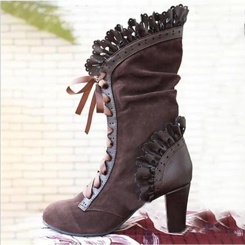 High Heel Boots Women Steampunk Women Sexy Leather Suede Boots Autumn Vintage Winter Shoes Women Lace Up Cosplay Boots HVT37389