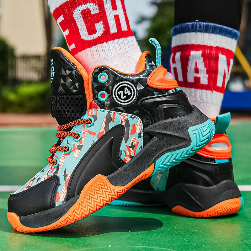 Hot Sale Leather High-top Kids Basketball Shoes Non-slip Breathable Children's Athletic Soprts Shoes Anti-Shock Sneakers For Kid