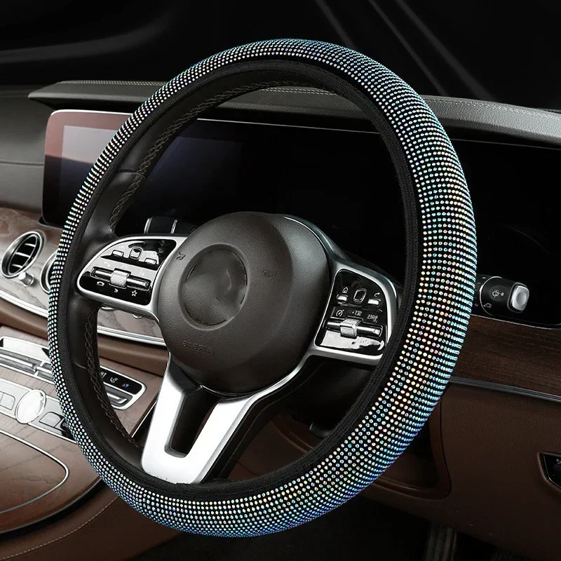 

2023 New Bling Bling Diamond Rhinestones Crystal Car Steering Wheel Cover PU Leather Auto Accessories Case Car Styling